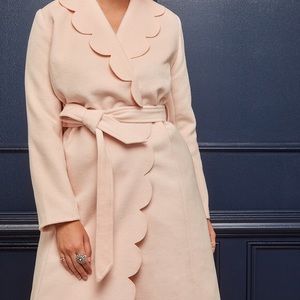 Draper James for Eloquii pink scallop trim coat